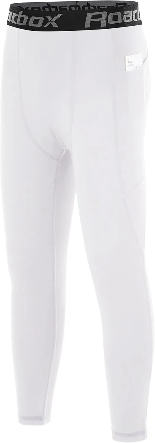Roadbox Boys Compression Pants, Youth Athletic Sports Legging with Pocket, Base Layer Tights for Kids Running Football