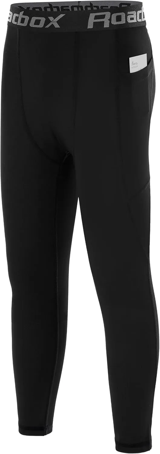 Roadbox Boys Compression Pants, Youth Athletic Sports Legging with Pocket, Base Layer Tights for Kids Running Football