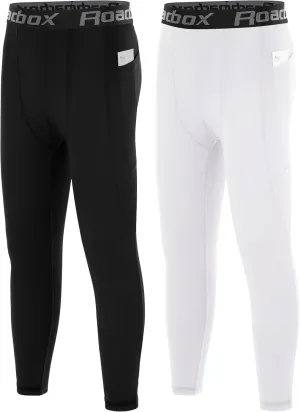 Roadbox Boys Compression Pants, Youth Athletic Sports Legging with Pocket, Base Layer Tights for Kids Running Football