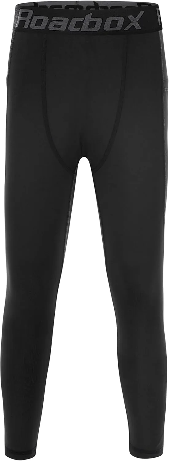 Roadbox Boys Compression Pants, Youth Athletic Sports Legging with Pocket, Base Layer Tights for Kids Running Football