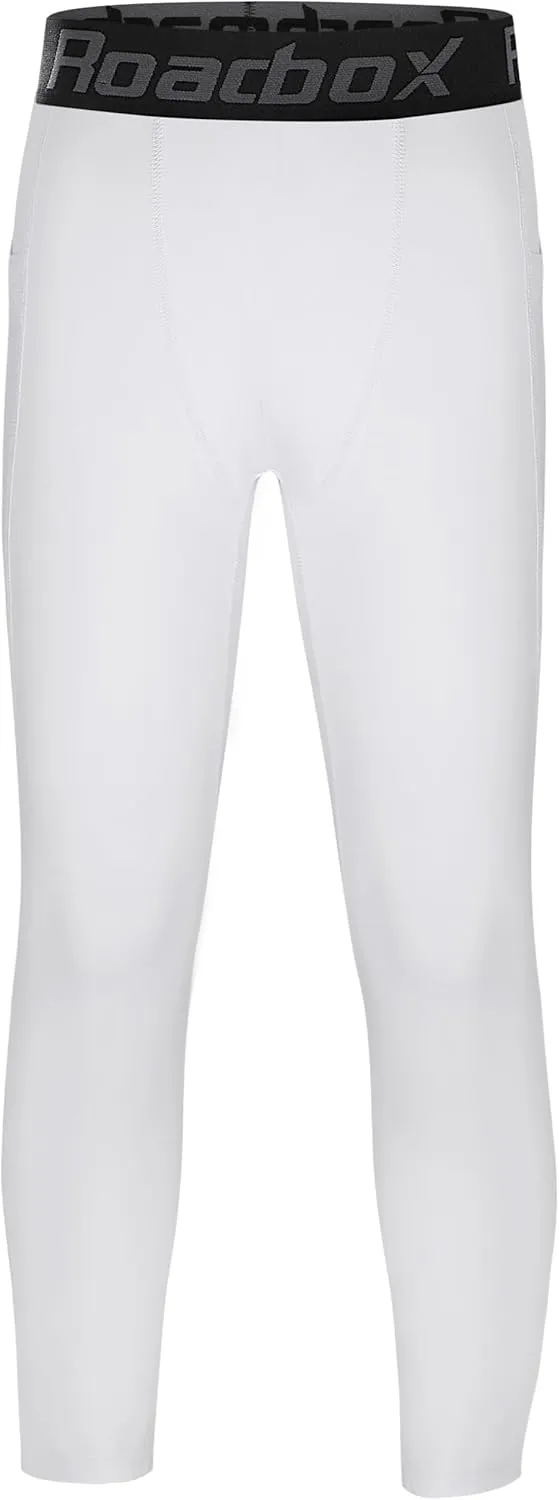 Roadbox Boys Compression Pants, Youth Athletic Sports Legging with Pocket, Base Layer Tights for Kids Running Football