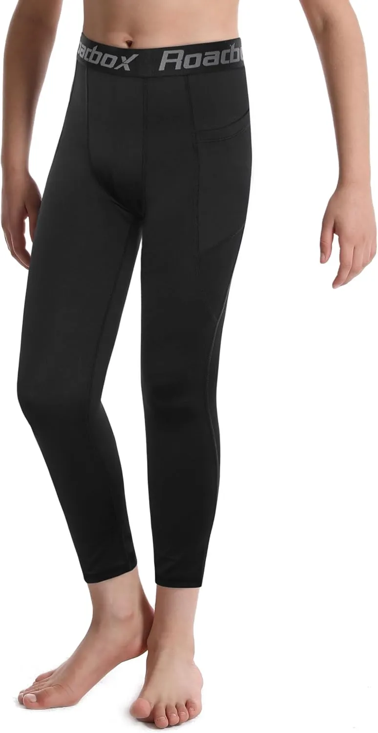 Roadbox Boys Compression Pants, Youth Athletic Sports Legging with Pocket, Base Layer Tights for Kids Running Football