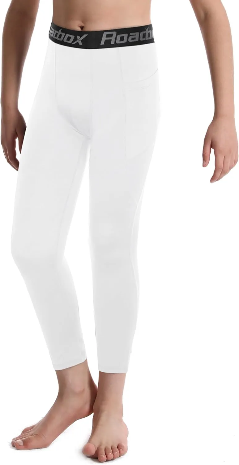 Roadbox Boys Compression Pants, Youth Athletic Sports Legging with Pocket, Base Layer Tights for Kids Running Football