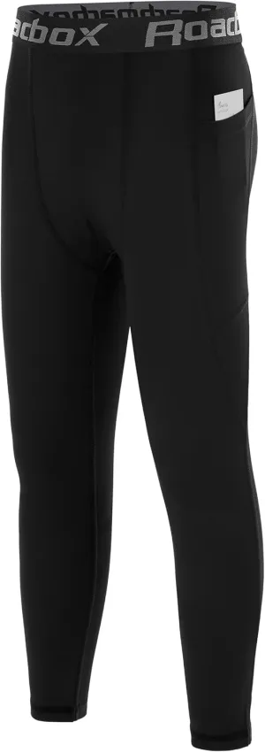 Roadbox Boys Compression Pants, Youth Athletic Sports Legging with Pocket, Base Layer Tights for Kids Running Football