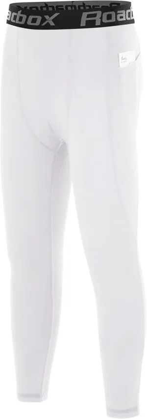 Roadbox Boys Compression Pants, Youth Athletic Sports Legging with Pocket, Base Layer Tights for Kids Running Football