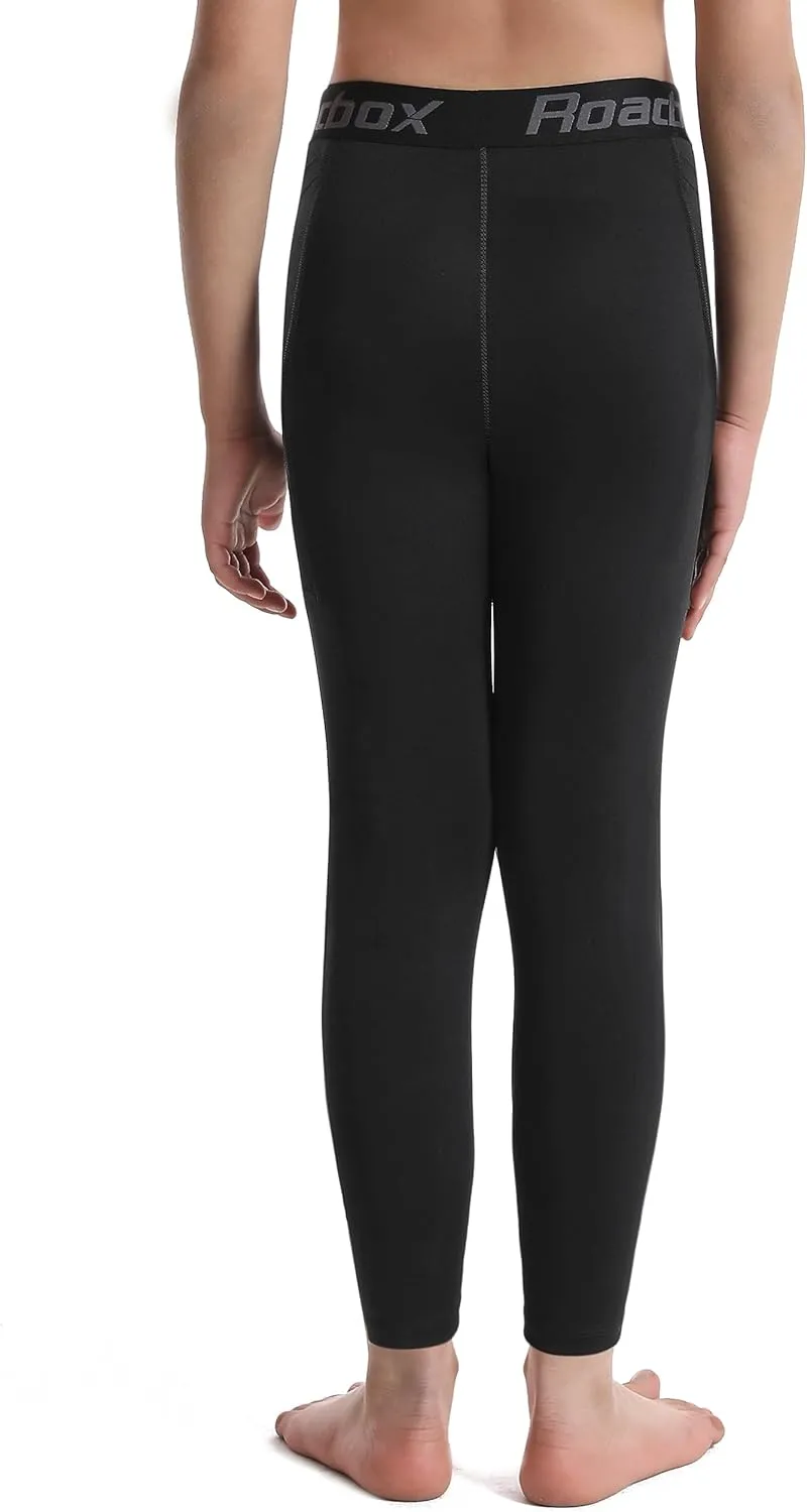 Roadbox Boys Compression Pants, Youth Athletic Sports Legging with Pocket, Base Layer Tights for Kids Running Football
