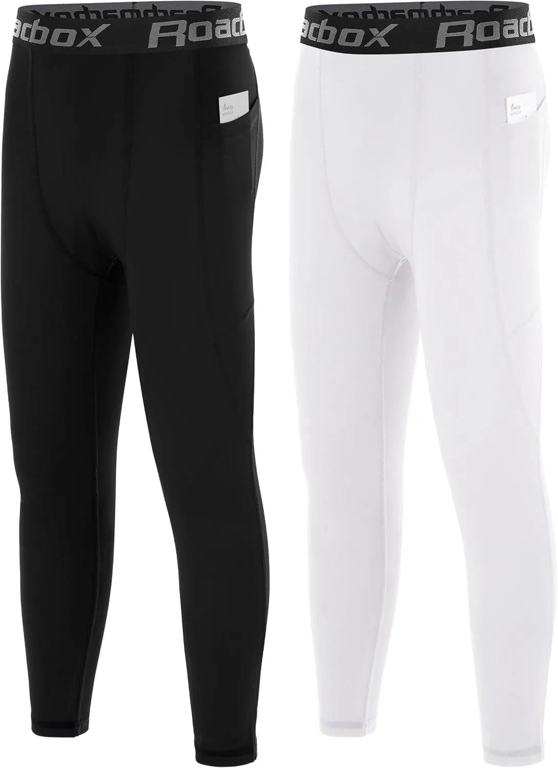 Roadbox Boys Compression Pants, Youth Athletic Sports Legging with Pocket, Base Layer Tights for Kids Running Football