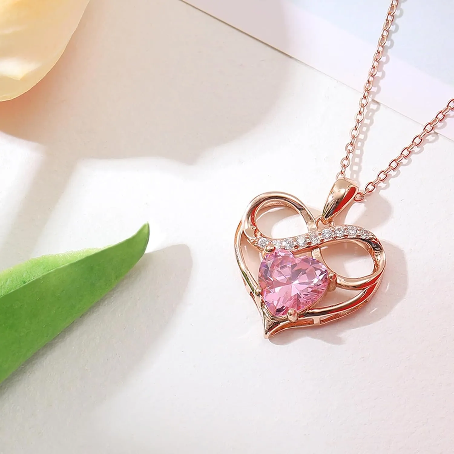 Rose Gold Birthstone Necklaces Heart Birthstone Pendant Necklaces For Women Valentine's Day Mother's Day Anniversary Christmas Gifts