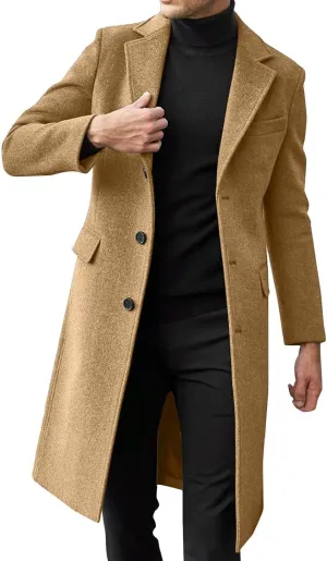 RTRDE Men's Oversized Notched Long Jacket Trench Coat - Single Breasted Lapel Winter Coat - Pea, XL-4XL