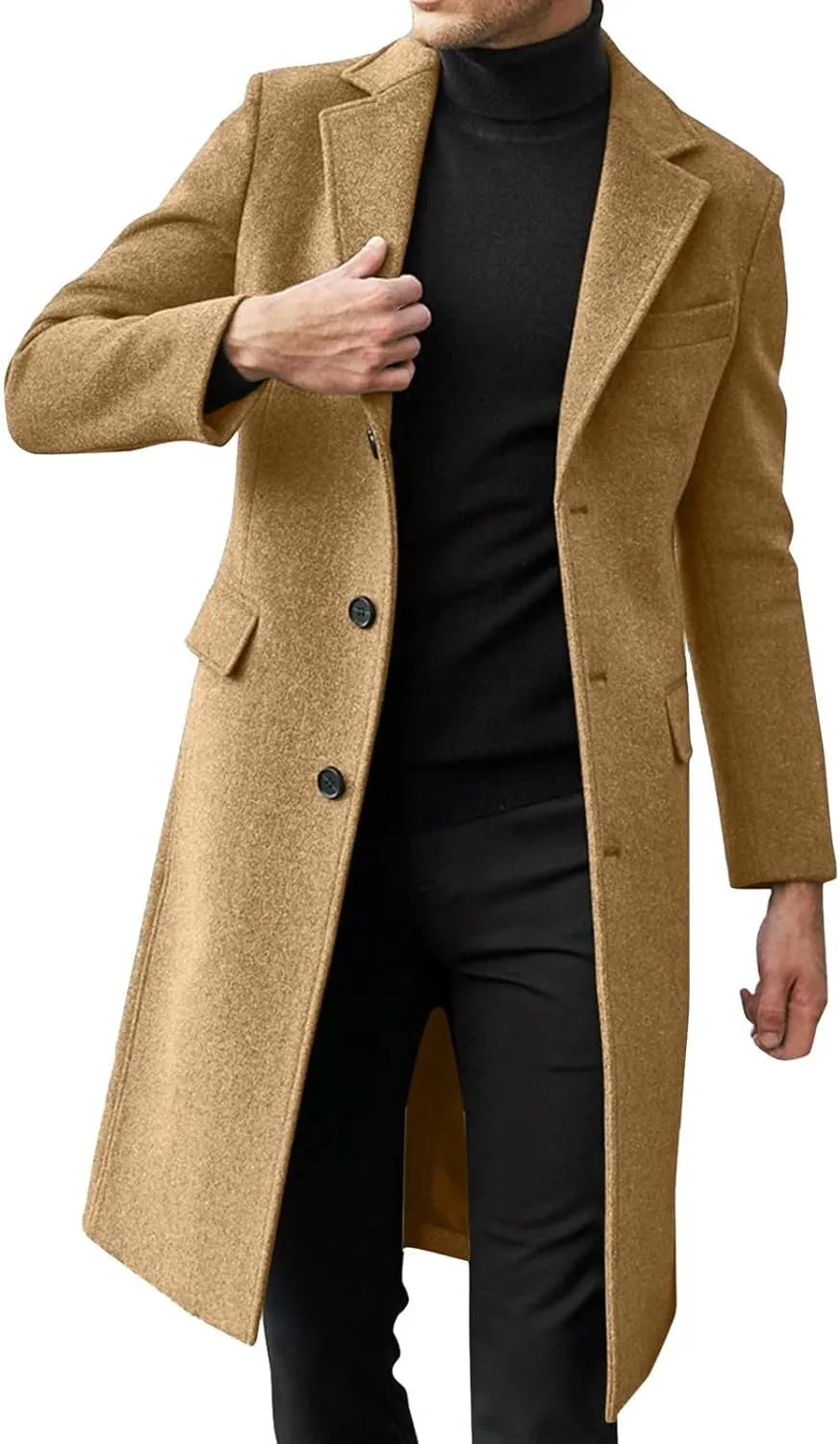 RTRDE Men's Oversized Notched Long Jacket Trench Coat - Single Breasted Lapel Winter Coat - Pea, XL-4XL