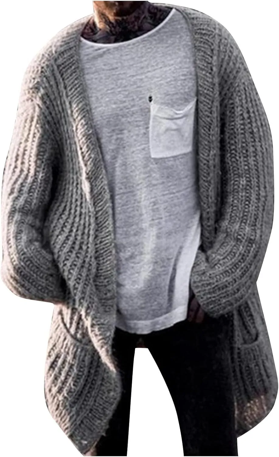 RTRDE Mens Trench Coat Long Cardigan Sweater Open Front Sleeve Knit Casual Fashion Coat with Pockets Winter, M-3XL