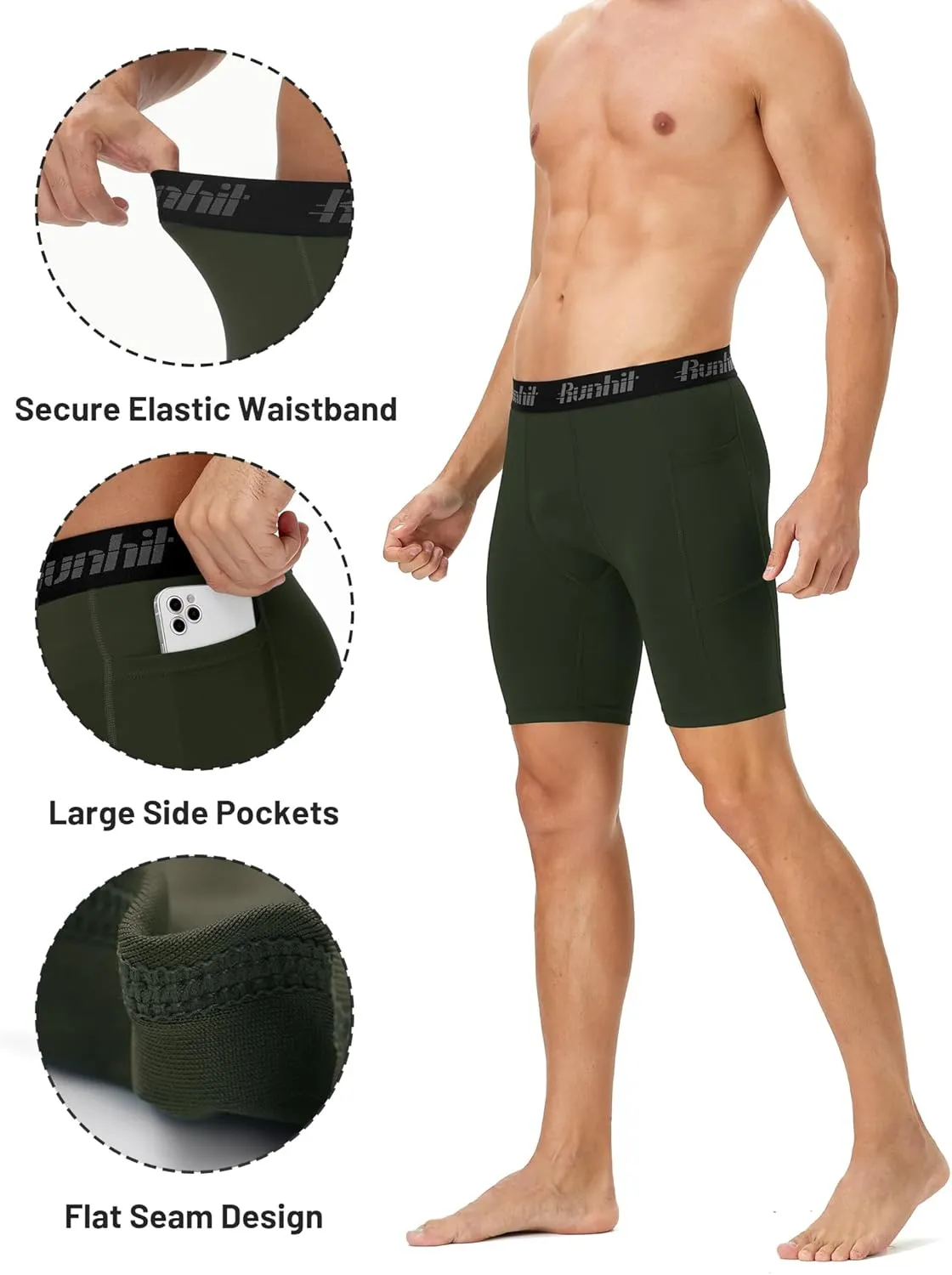 Runhit 2 Pack Mens Compression Shorts with Pocket, Spandex Athletic Workout Shorts, Performance Underwear for Running