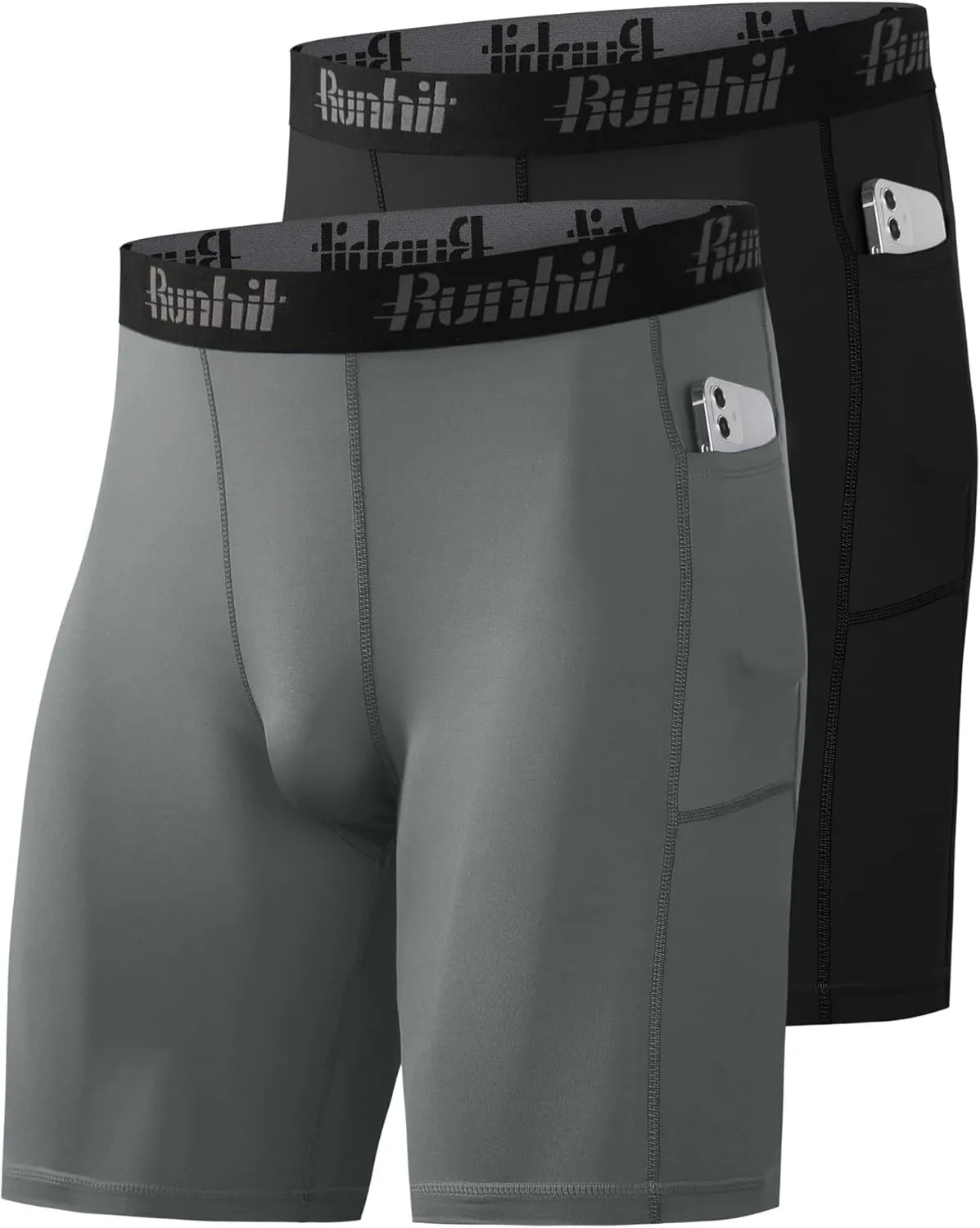 Runhit 2 Pack Mens Compression Shorts with Pocket, Spandex Athletic Workout Shorts, Performance Underwear for Running