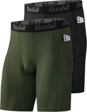 Runhit 2 Pack Mens Compression Shorts with Pocket, Spandex Athletic Workout Shorts, Performance Underwear for Running