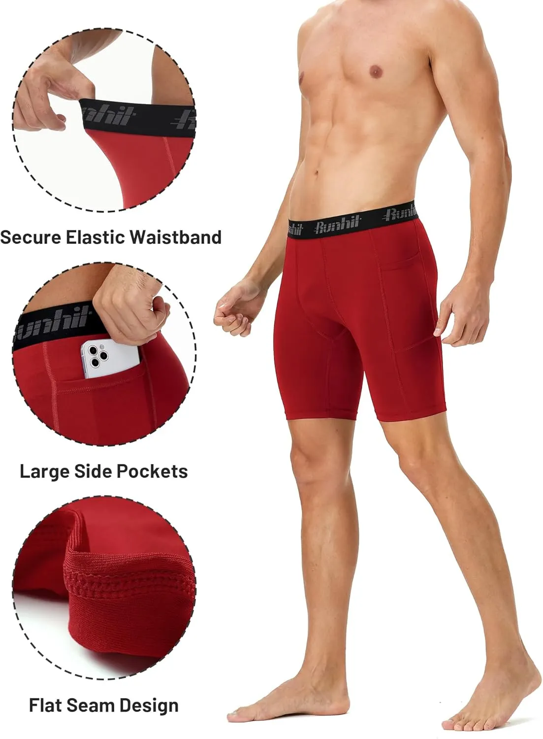 Runhit 2 Pack Mens Compression Shorts with Pocket, Spandex Athletic Workout Shorts, Performance Underwear for Running