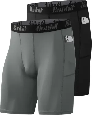Runhit 2 Pack Mens Compression Shorts with Pocket, Spandex Athletic Workout Shorts, Performance Underwear for Running