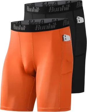 Runhit 2 Pack Mens Compression Shorts with Pocket, Spandex Athletic Workout Shorts, Performance Underwear for Running