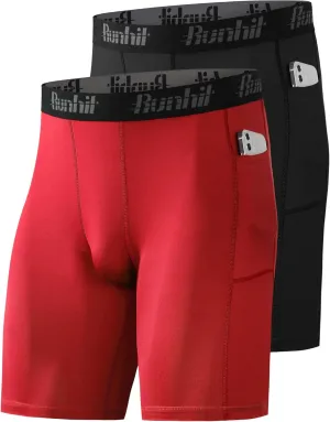 Runhit 2 Pack Mens Compression Shorts with Pocket, Spandex Athletic Workout Shorts, Performance Underwear for Running