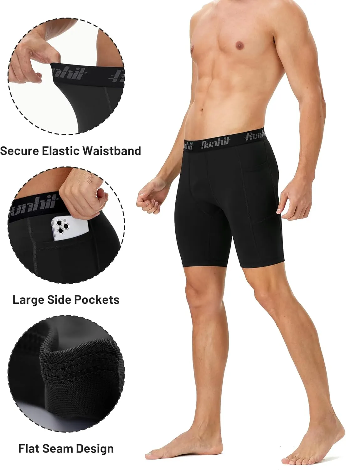 Runhit 2 Pack Mens Compression Shorts with Pocket, Spandex Athletic Workout Shorts, Performance Underwear for Running