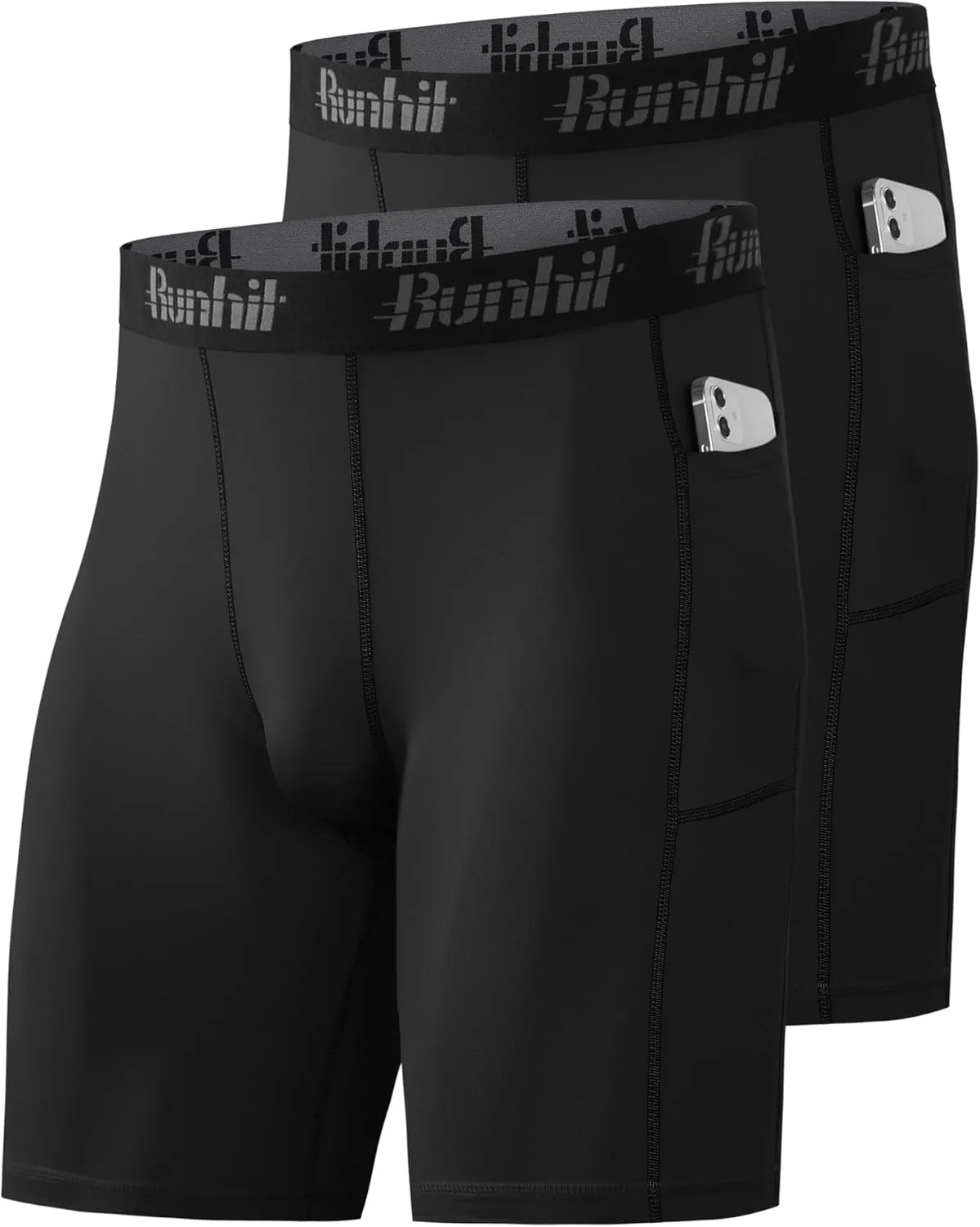Runhit 2 Pack Mens Compression Shorts with Pocket, Spandex Athletic Workout Shorts, Performance Underwear for Running
