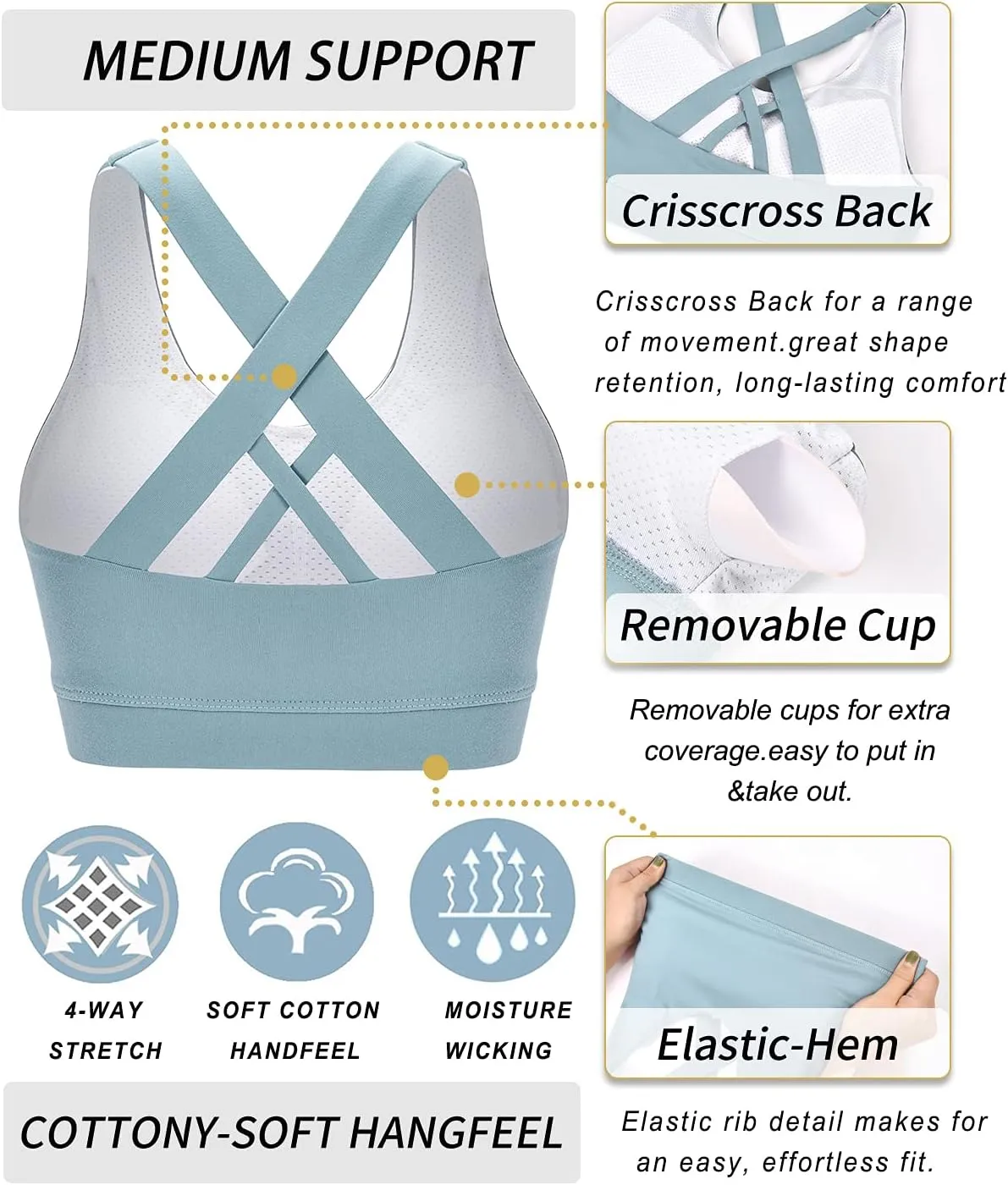 RUNNING GIRL Sports Bra for Women, Criss-Cross Back Padded Strappy Sports Bras Medium Support Yoga Bra with Removable Cups