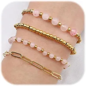 Sanfenly Gold Beaded Bracelets for Women, 14k Real Gold Plated Bead Stretch Stackable Stacked Stacking Stretchy Layered Trendy Simple Pearl Turquoise Amethyst Crystal Paperclip Chain Bracelet Sets