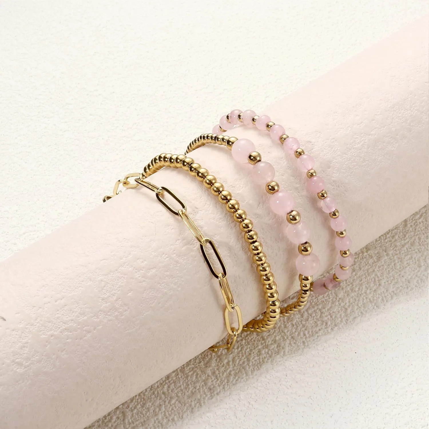 Sanfenly Gold Beaded Bracelets for Women, 14k Real Gold Plated Bead Stretch Stackable Stacked Stacking Stretchy Layered Trendy Simple Pearl Turquoise Amethyst Crystal Paperclip Chain Bracelet Sets