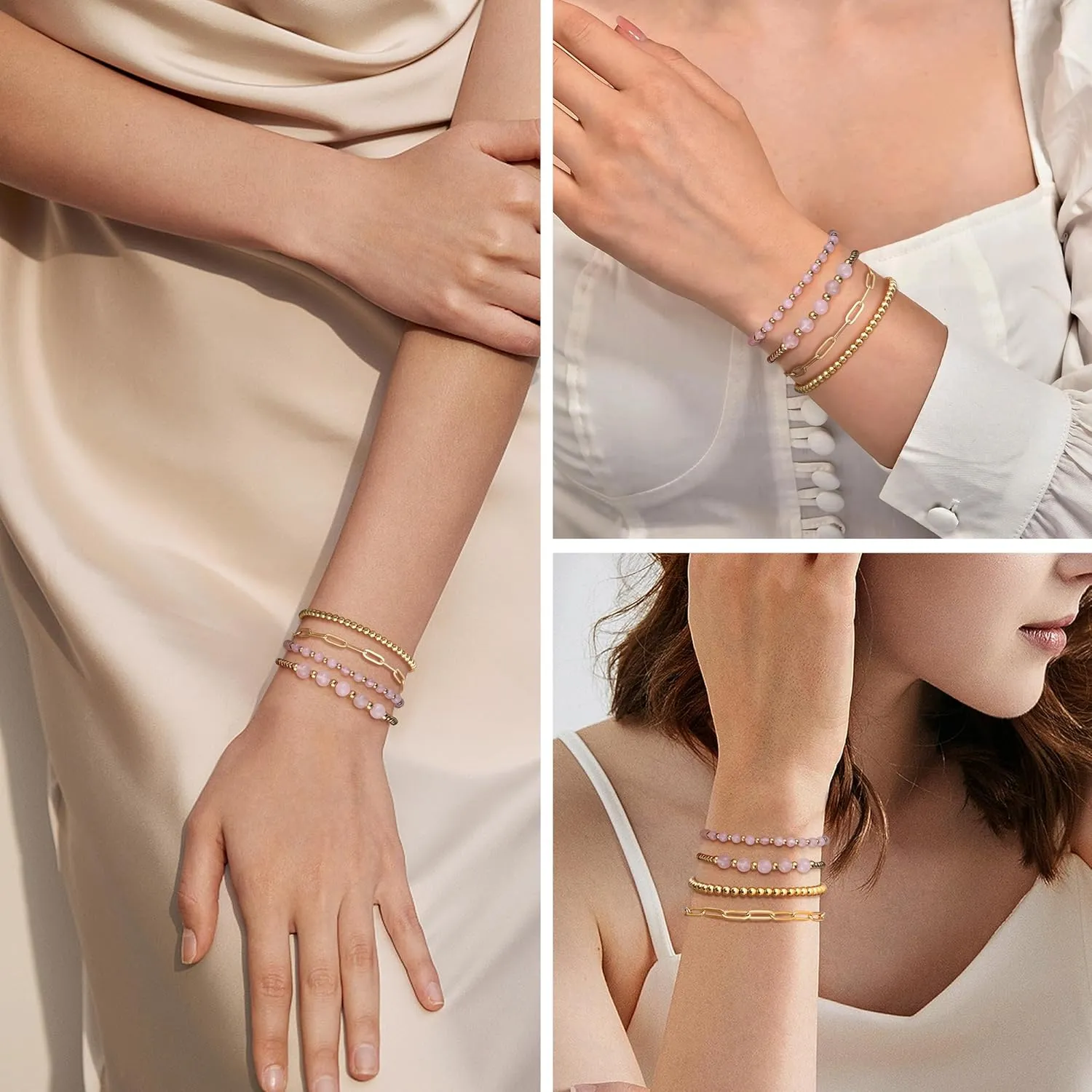 Sanfenly Gold Beaded Bracelets for Women, 14k Real Gold Plated Bead Stretch Stackable Stacked Stacking Stretchy Layered Trendy Simple Pearl Turquoise Amethyst Crystal Paperclip Chain Bracelet Sets