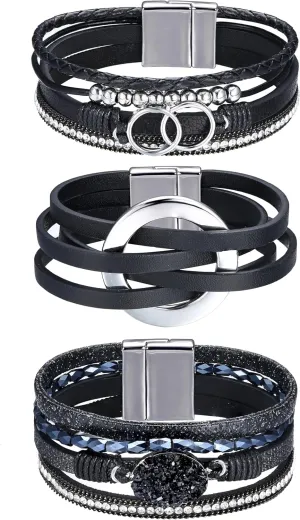 Sanfenly Leather Wrap Bracelets for Women,Boho Wrap Bracelets Leather Cuff Bangle Beads Bracelets Stackable Western Bracelets Jewelry for Women (Gold/Black/Gray/Turquoise)