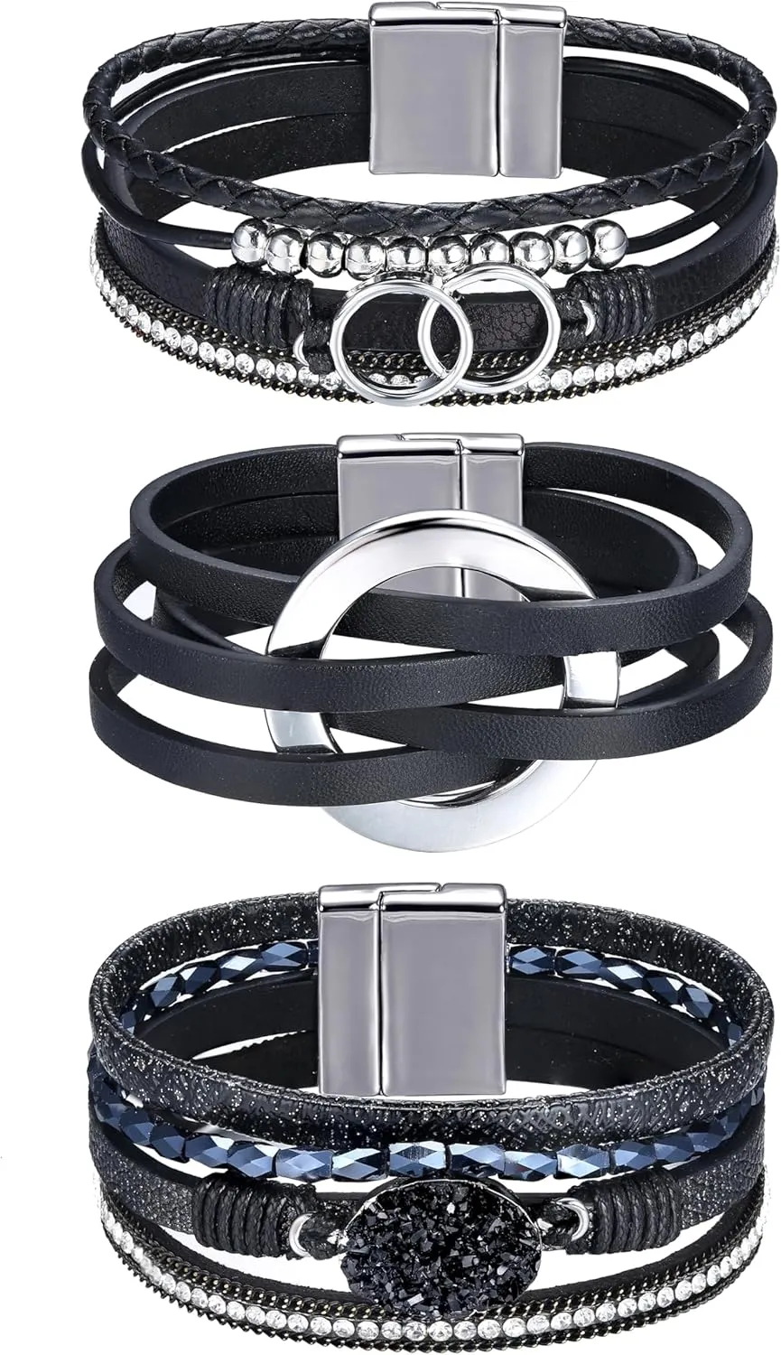 Sanfenly Leather Wrap Bracelets for Women,Boho Wrap Bracelets Leather Cuff Bangle Beads Bracelets Stackable Western Bracelets Jewelry for Women (Gold/Black/Gray/Turquoise)