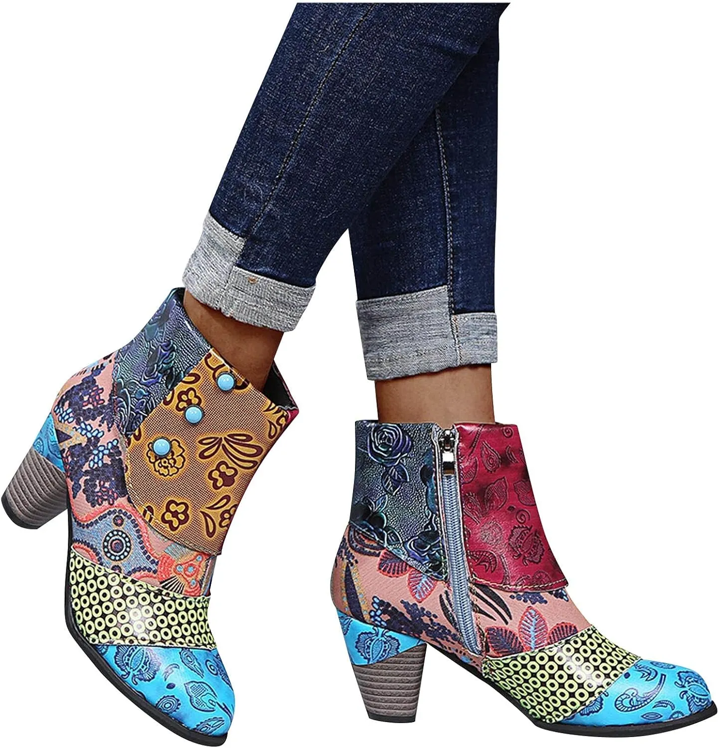 SBGMoSJ Women's Leather Ankle Boots Shoes Zipper Winter Booties Women Shoes Boots Ankle Heels Womens Ankle Boots Cutout Western Womens Short Brown Square Toe Cowboy Boots Ankle Boot Women Wide