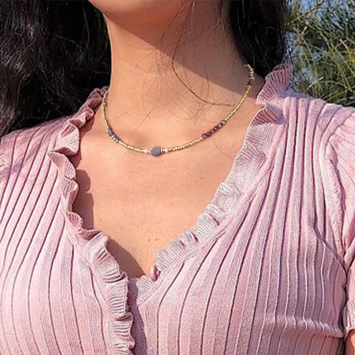 S.J JEWELRY Beaded Necklaces for Women Colorful Seed Bead Necklace Boho Necklaces for Women Beach Necklaces Summer Necklace Choker for Women Stainless Steel 18K Gold Plated