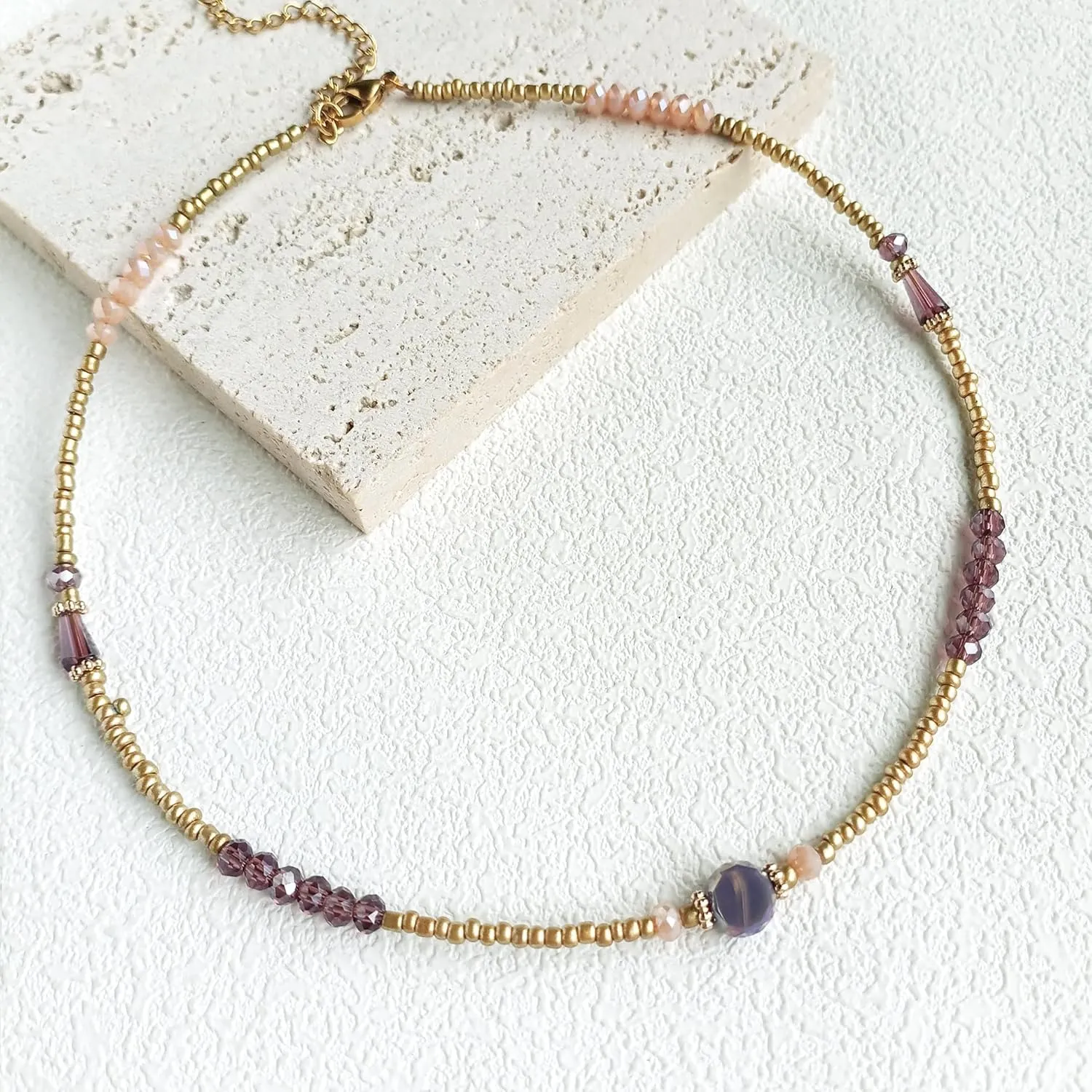 S.J JEWELRY Beaded Necklaces for Women Colorful Seed Bead Necklace Boho Necklaces for Women Beach Necklaces Summer Necklace Choker for Women Stainless Steel 18K Gold Plated