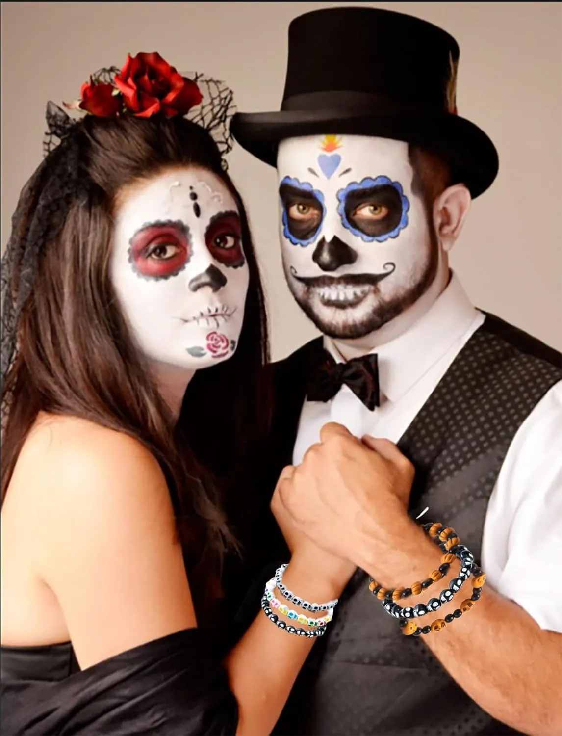 Skeleton Skull Head Bracelets Set Colorful Skull Bracelets Pumpkin Skull Bracelets Tibetan Prayer Bone Bead Strand Bracelets Gothic Punk Halloween Jewelry for Man Women