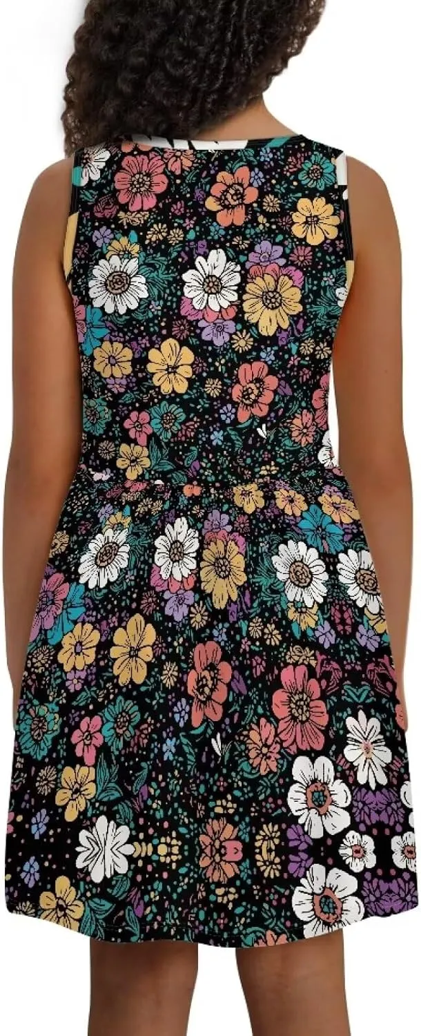 Sleeveless Cute Floral Dress for Girls Swing Loose Fit Sundress with Pockets Playwear
