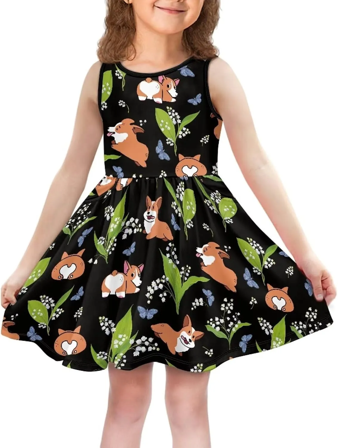 Sleeveless Cute Floral Dress for Girls Swing Loose Fit Sundress with Pockets Playwear