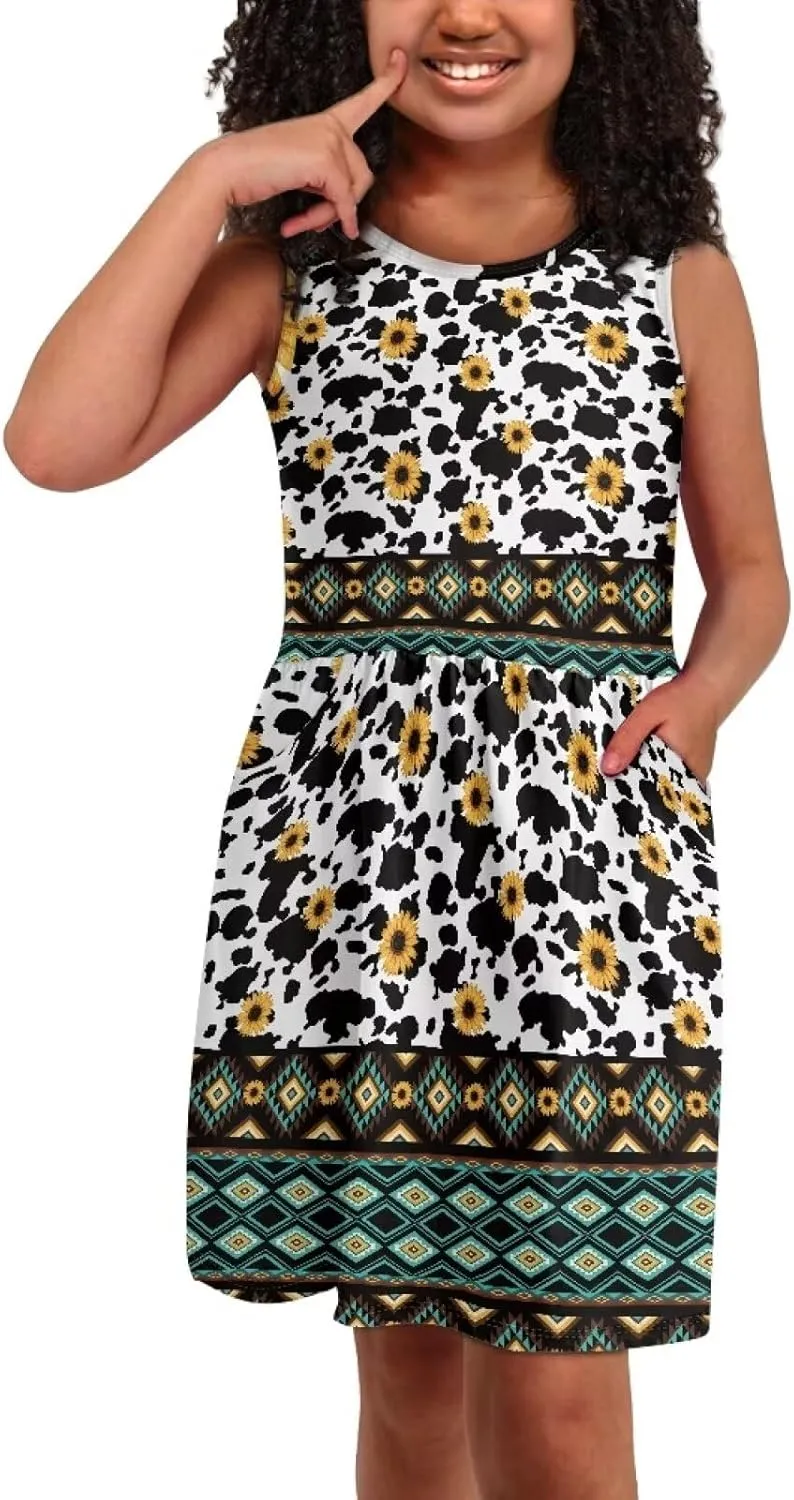 Sleeveless Cute Floral Dress for Girls Swing Loose Fit Sundress with Pockets Playwear