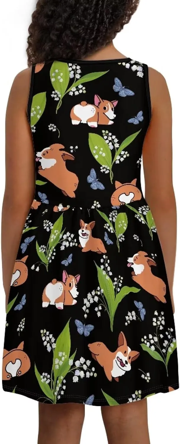 Sleeveless Cute Floral Dress for Girls Swing Loose Fit Sundress with Pockets Playwear