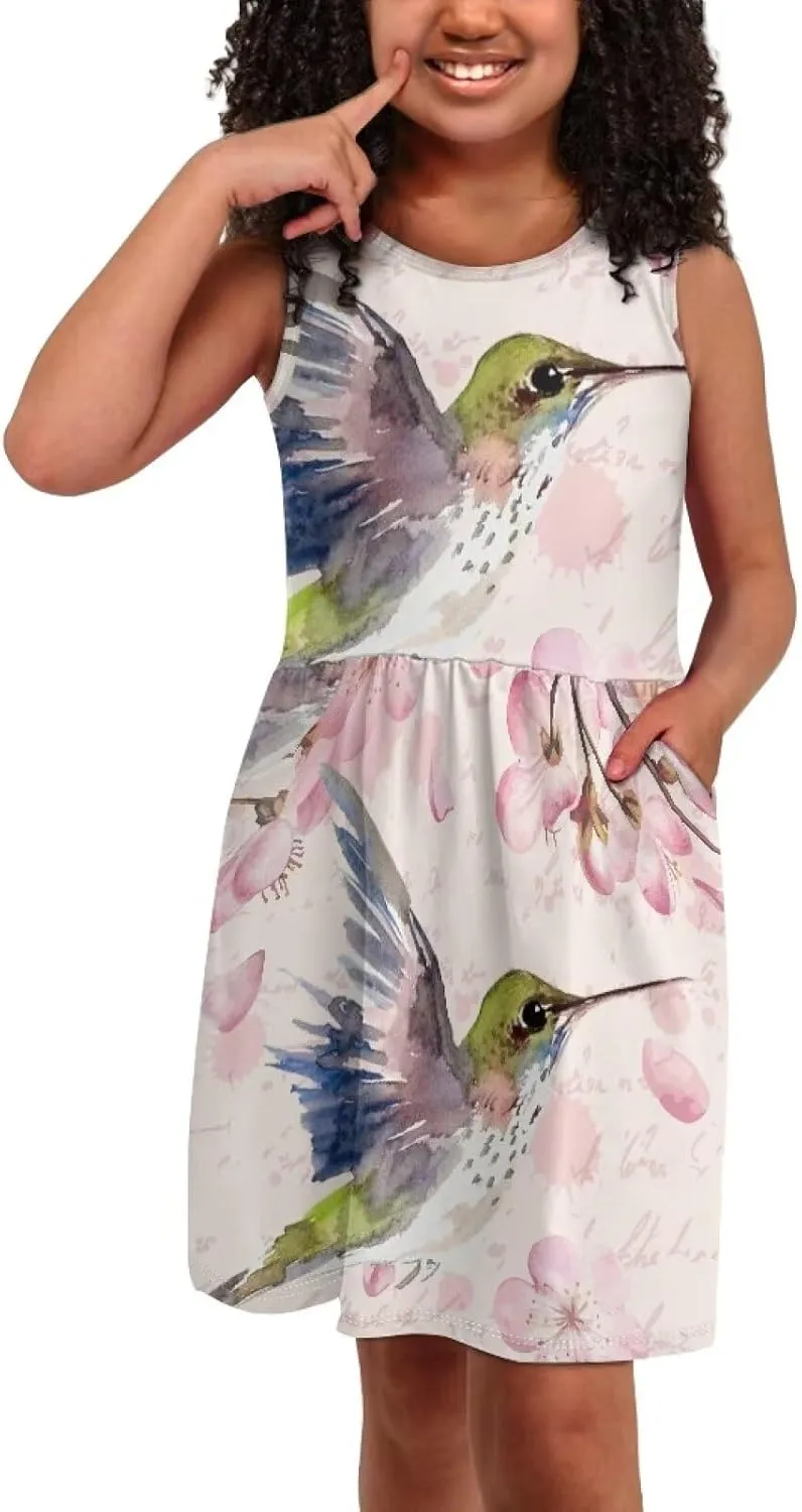 Sleeveless Cute Floral Dress for Girls Swing Loose Fit Sundress with Pockets Playwear