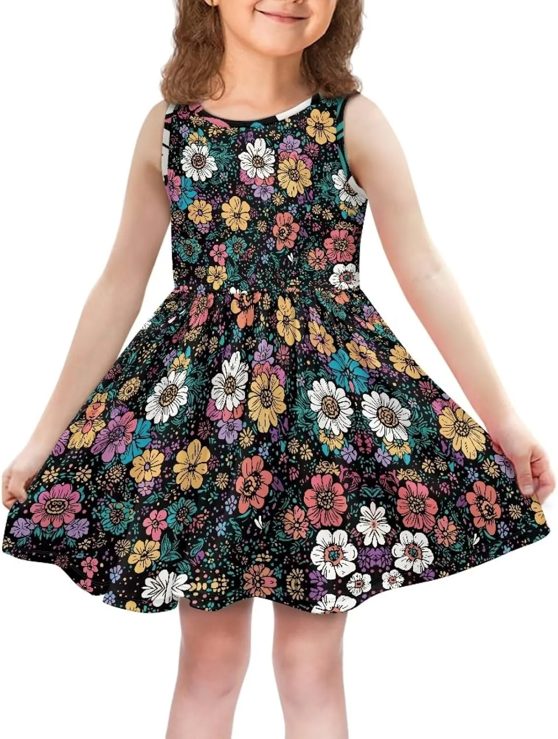 Sleeveless Cute Floral Dress for Girls Swing Loose Fit Sundress with Pockets Playwear