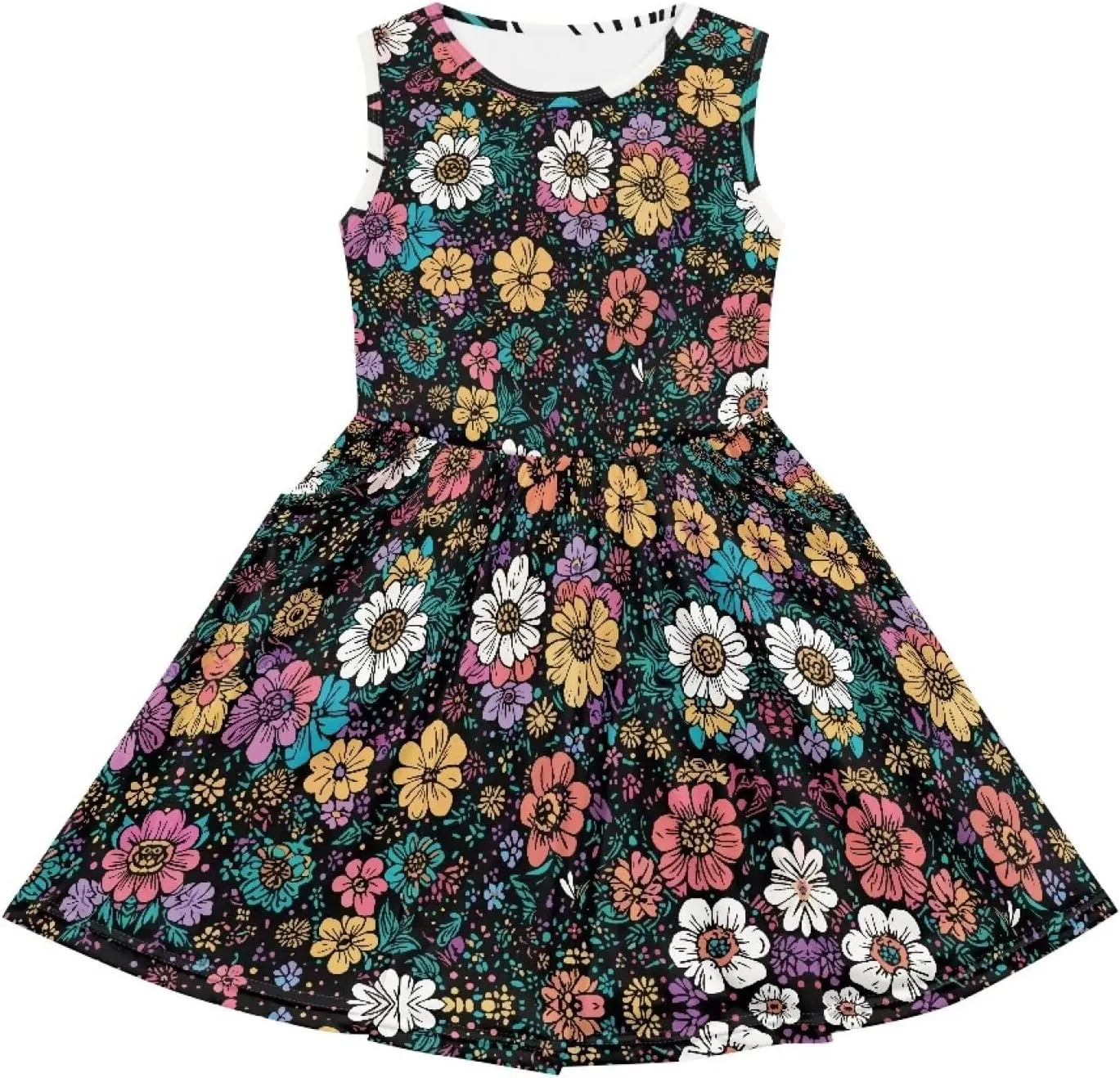 Sleeveless Cute Floral Dress for Girls Swing Loose Fit Sundress with Pockets Playwear