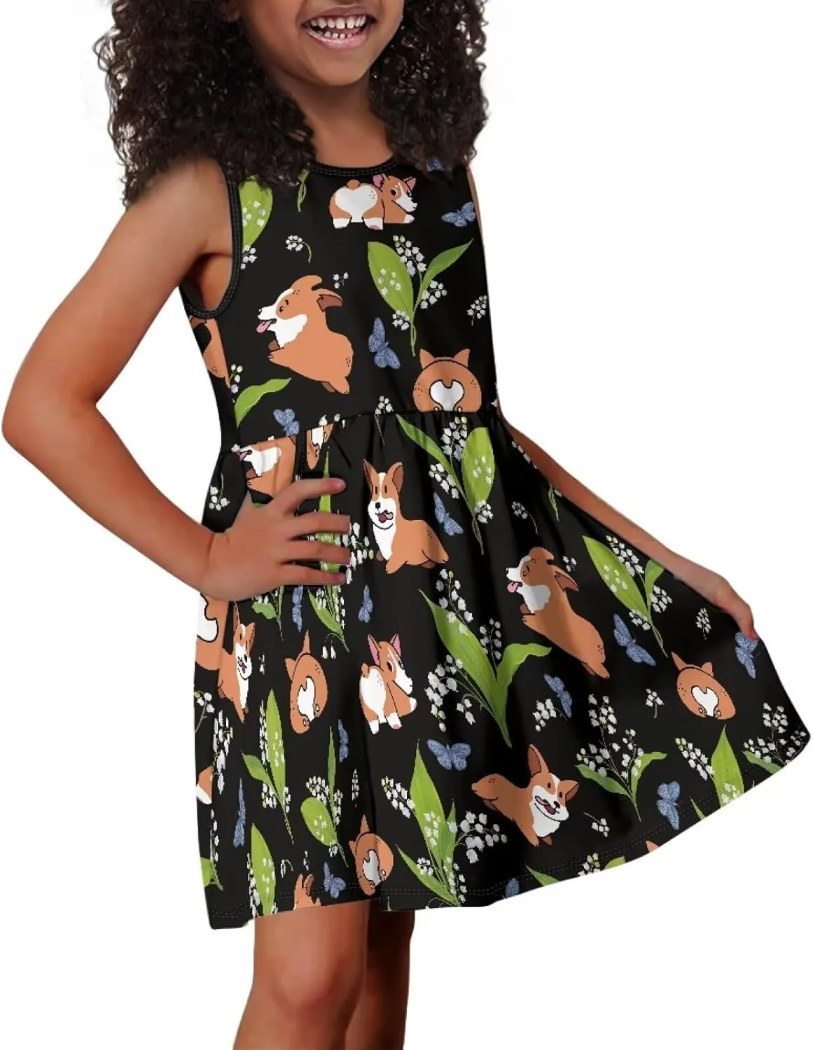 Sleeveless Cute Floral Dress for Girls Swing Loose Fit Sundress with Pockets Playwear