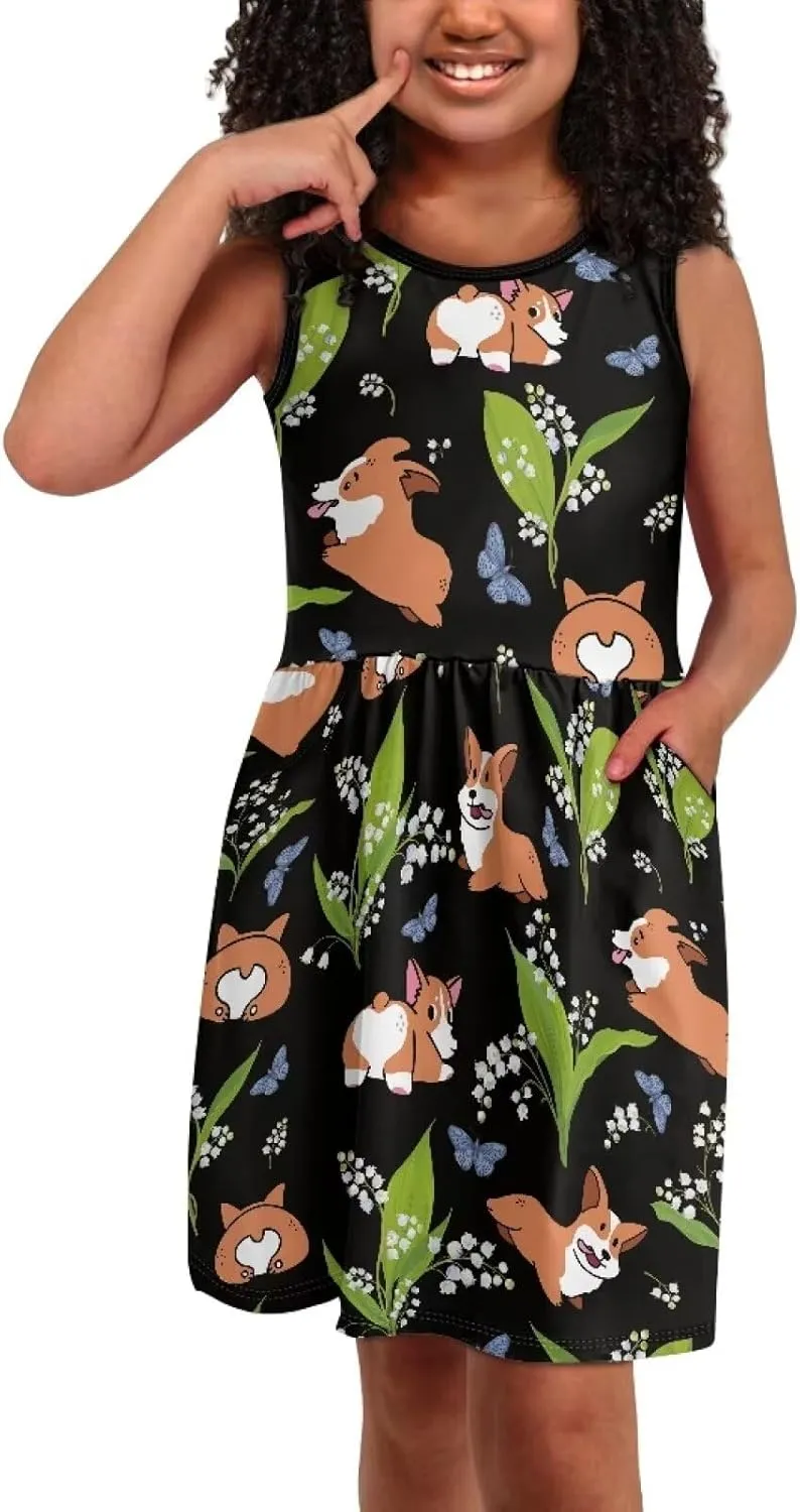 Sleeveless Cute Floral Dress for Girls Swing Loose Fit Sundress with Pockets Playwear