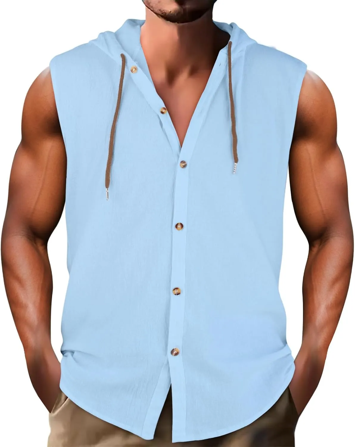 Sleeveless Hoodies for Men Cotton Linen Button Up Hooded Shirts Breathable Drawstring Summer Vacation Beach Tops