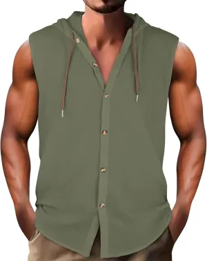 Sleeveless Hoodies for Men Cotton Linen Button Up Hooded Shirts Breathable Drawstring Summer Vacation Beach Tops