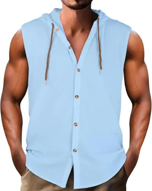 Sleeveless Hoodies for Men Cotton Linen Button Up Hooded Shirts Breathable Drawstring Summer Vacation Beach Tops