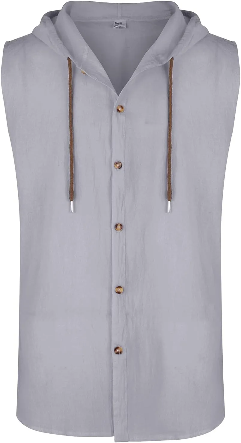 Sleeveless Hoodies for Men Cotton Linen Button Up Hooded Shirts Breathable Drawstring Summer Vacation Beach Tops