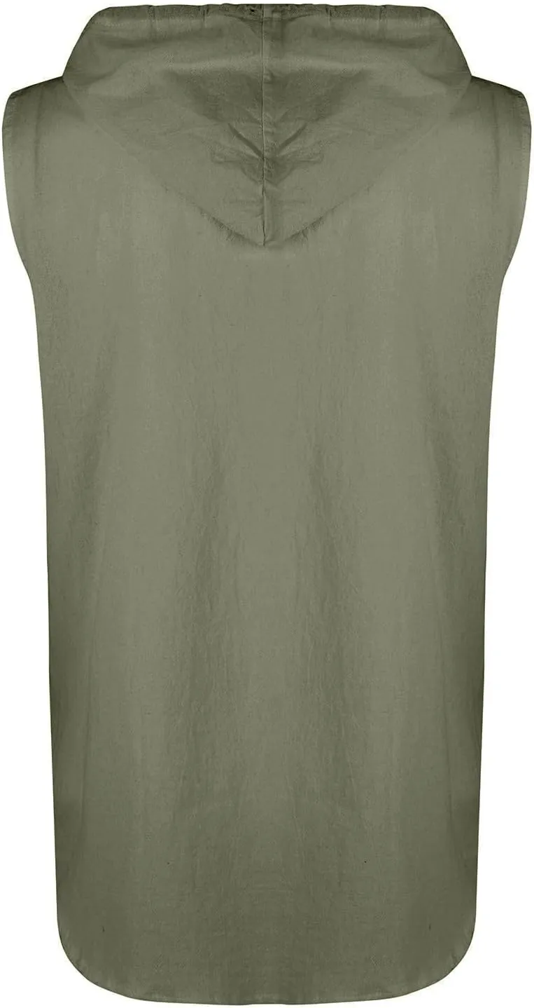 Sleeveless Hoodies for Men Cotton Linen Button Up Hooded Shirts Breathable Drawstring Summer Vacation Beach Tops