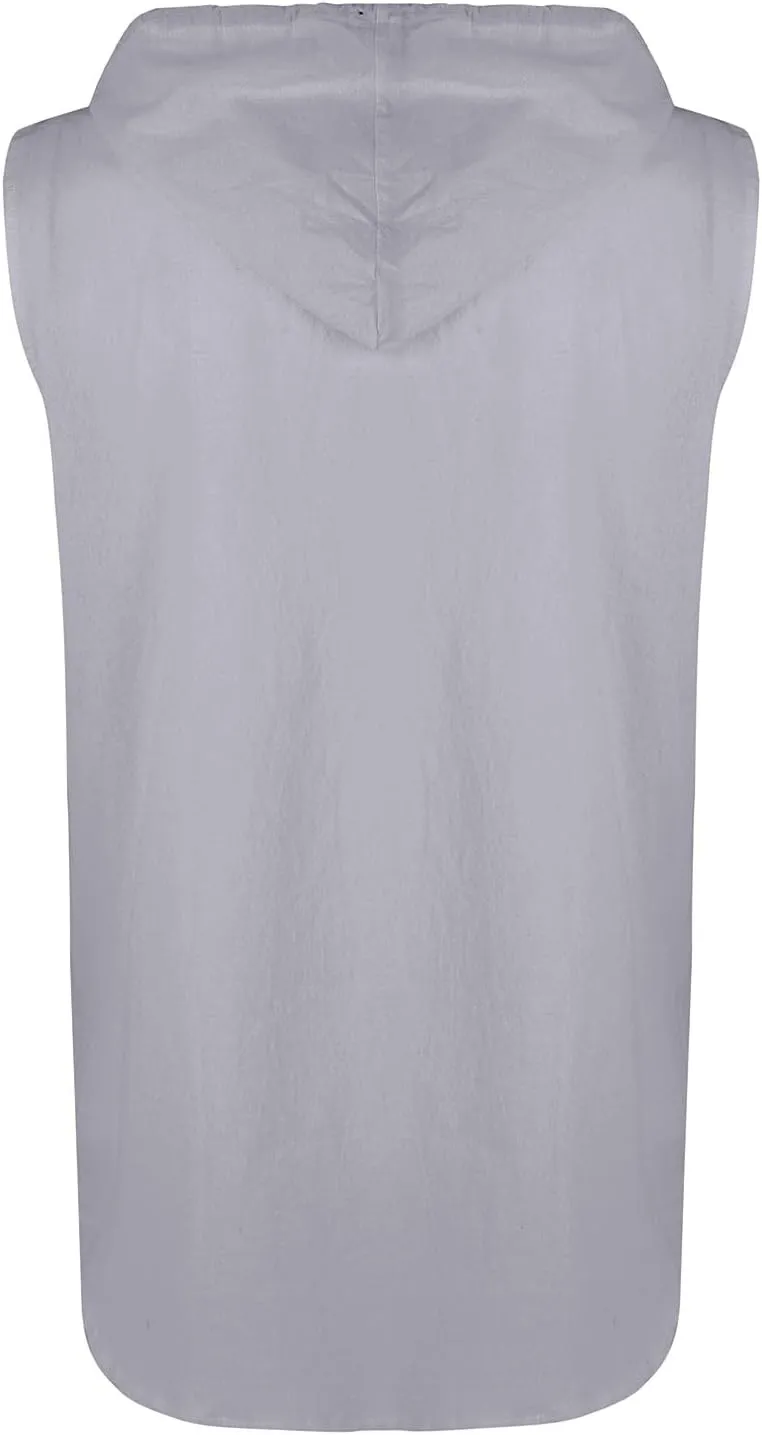 Sleeveless Hoodies for Men Cotton Linen Button Up Hooded Shirts Breathable Drawstring Summer Vacation Beach Tops