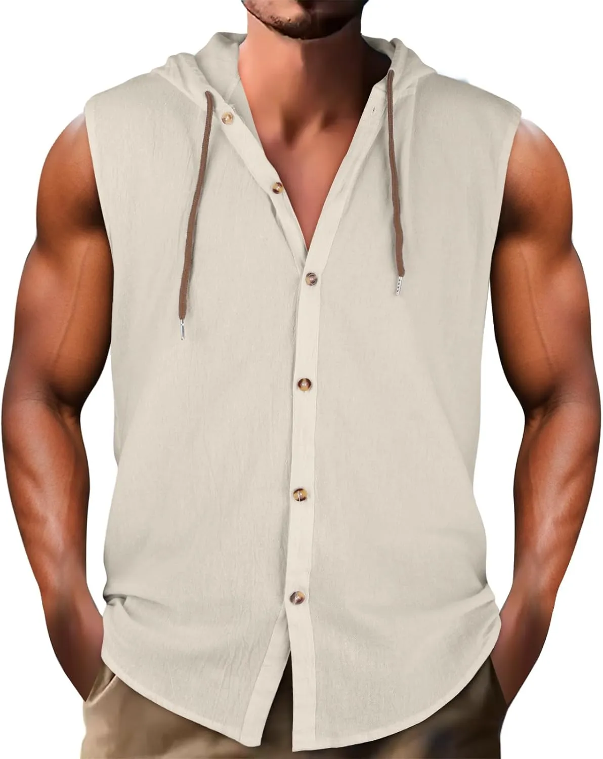 Sleeveless Hoodies for Men Cotton Linen Button Up Hooded Shirts Breathable Drawstring Summer Vacation Beach Tops
